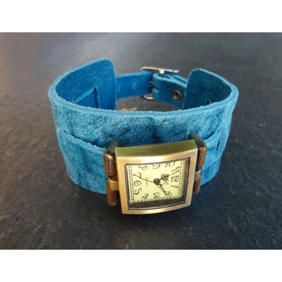 Armbanduhr quadratisch Manschette Leder blau