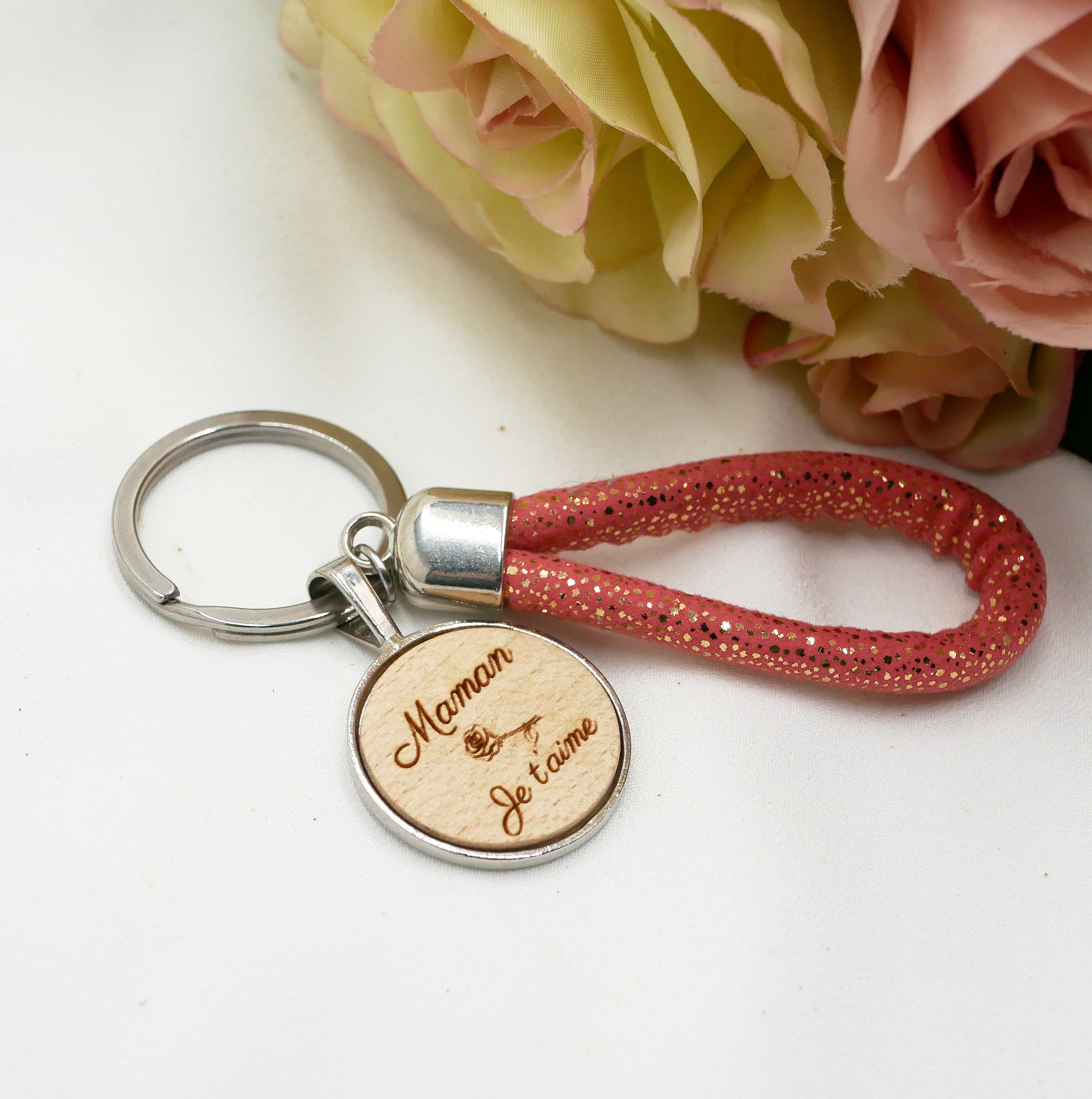 Schl&uuml;sselanh&auml;nger Cabochon Holz graviert personalisierte und Schnalle Seil Farbe nach Wahl