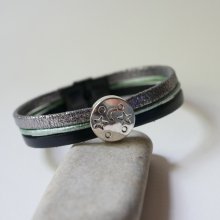 Multi-Link-Lederarmband Cabochon Mond Sterne silber, grün und schwarz