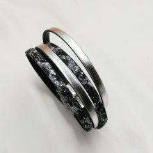 Lederarmband Schwarz Silber Glitter Double Tour zu personalisieren