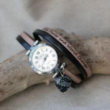 Armbanduhr Doppel Lederarmband mit Obsidian Stein Herz Farben zu personalisieren 