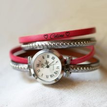 Armbanduhr versilbert Armband Doppel Leder Kugeln Farbe nach Wahl zu personalisieren 