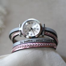 Silberne Armbanduhr mit Doppelarmband aus rosafarbenem Metallic-Leder zum Selbstgestalten 