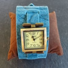 Armbanduhr quadratisch Manschette Leder blau
